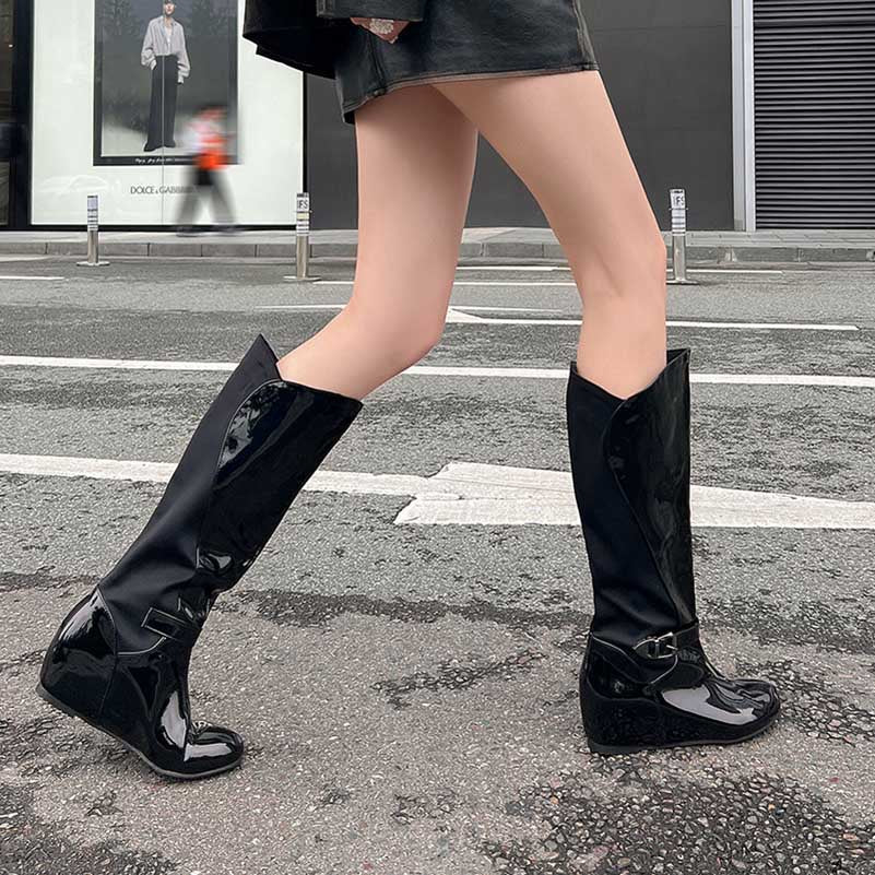 Women's Patent Leather Color Blocked Inner Heel Wedge Boots