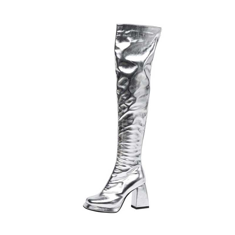 Metallic Microfiber Leather Platform Block Heel Over Knee Boots