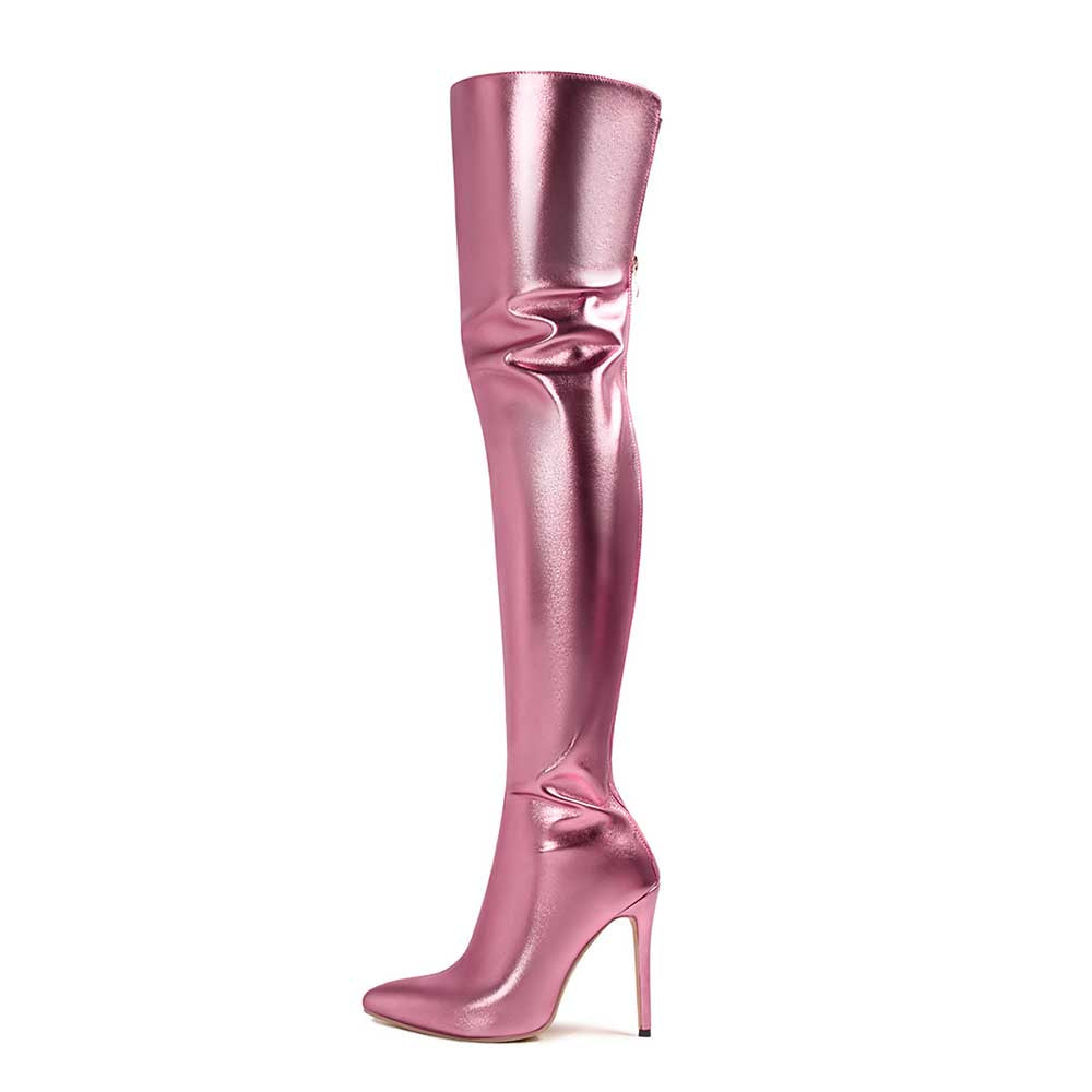 Womens Boots Shiny Leather High Heels Pointed Toe Side Zip Over The Knee Boots