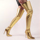 Womens Boots Shiny Leather High Heels Pointed Toe Side Zip Over The Knee Boots