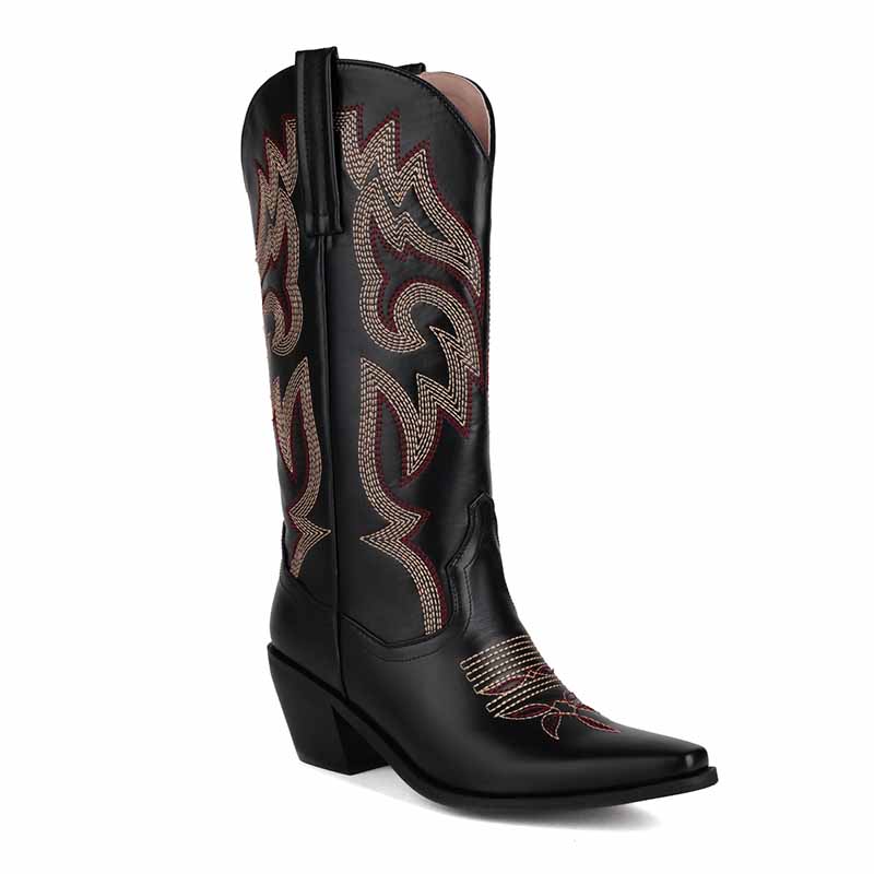 Women Embroidered Boots Country Cowgirl Chunky Heel Boots