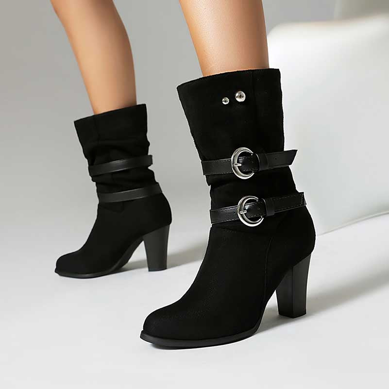 Women's Thick Heeled Mid-calf Boots with Belt buckle