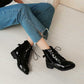 Women's Patent Leather Lace up Round toe Ankle Boots Low Heel Marten Boots