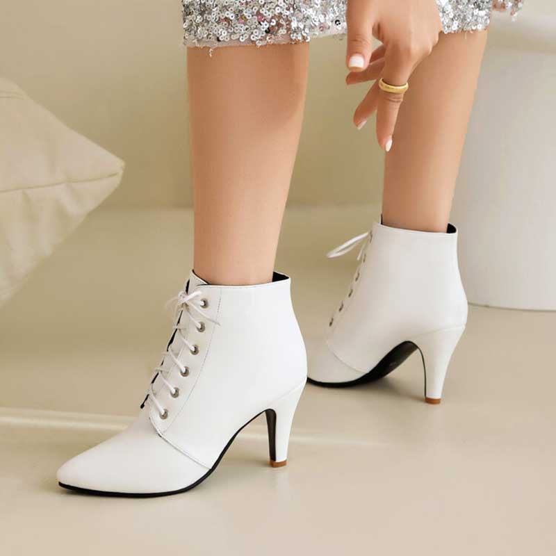 Women Lace-Up Faux Leather Low Heel Ankle Boots Dress Boots