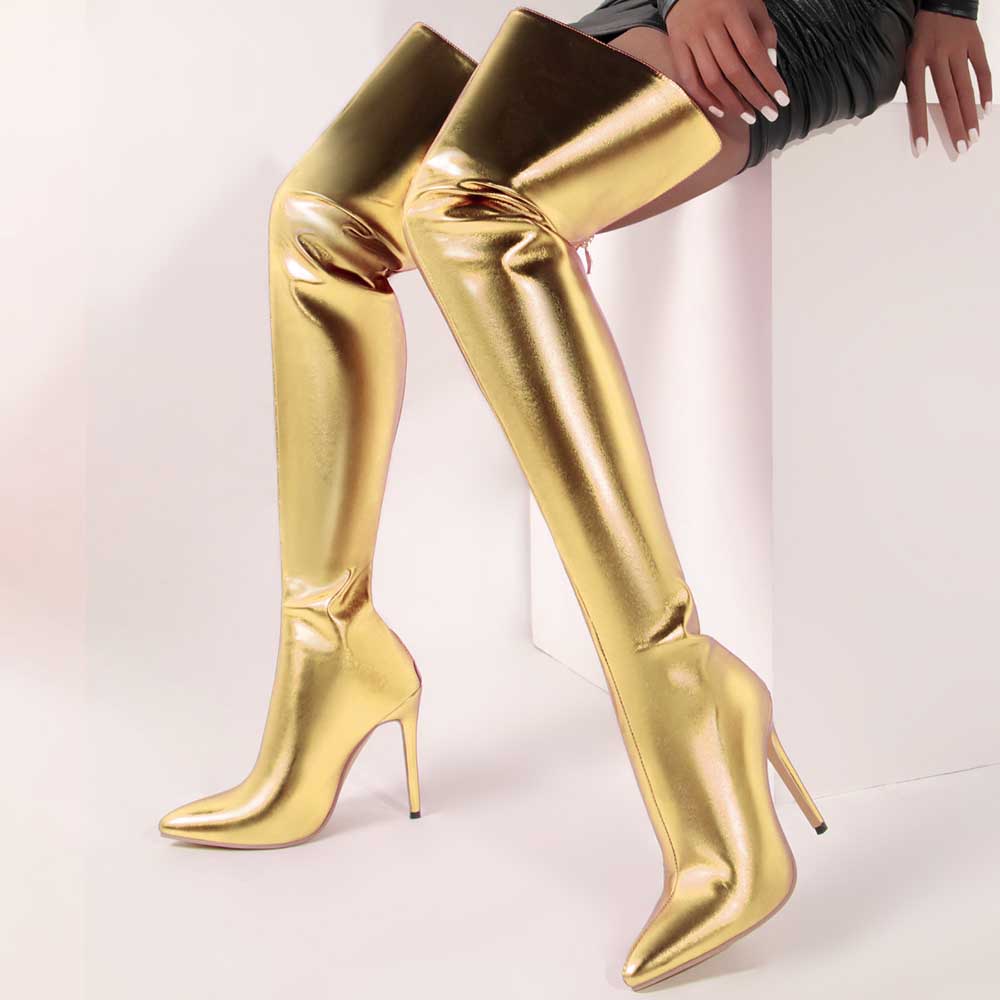 Womens Boots Shiny Leather High Heels Pointed Toe Side Zip Over The Knee Boots