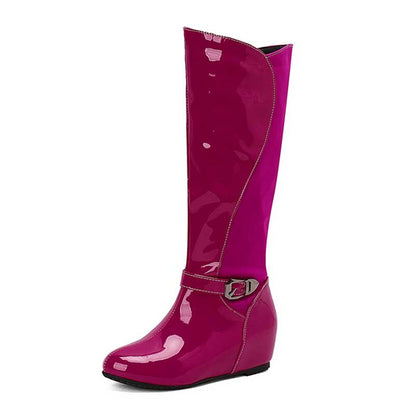 Women's Patent Leather Color Blocked Inner Heel Wedge Boots