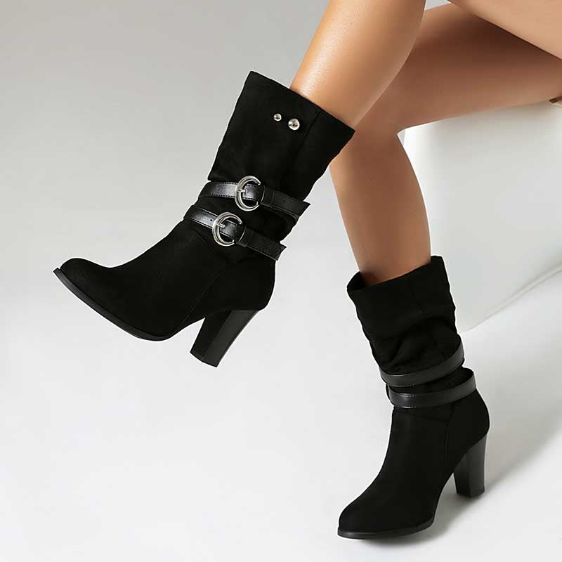 Women's Thick Heeled Mid-calf Boots with Belt buckle