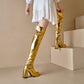 Metallic Microfiber Leather Platform Block Heel Over Knee Boots