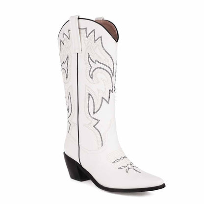 Women Embroidered Boots Country Cowgirl Chunky Heel Boots