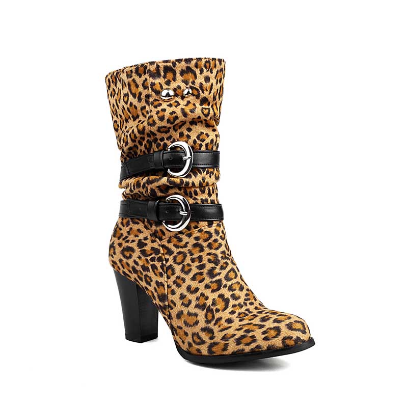 Women's Thick Heeled Mid-calf Boots with Belt buckle