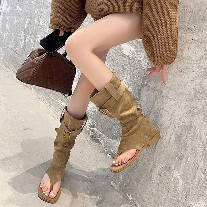 Suede Buckle Toe-Thongs High Heel Boots