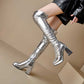 Metallic Microfiber Leather Platform Block Heel Over Knee Boots