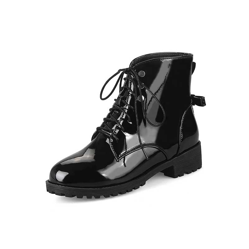 Women's Patent Leather Lace up Round toe Ankle Boots Low Heel Marten Boots