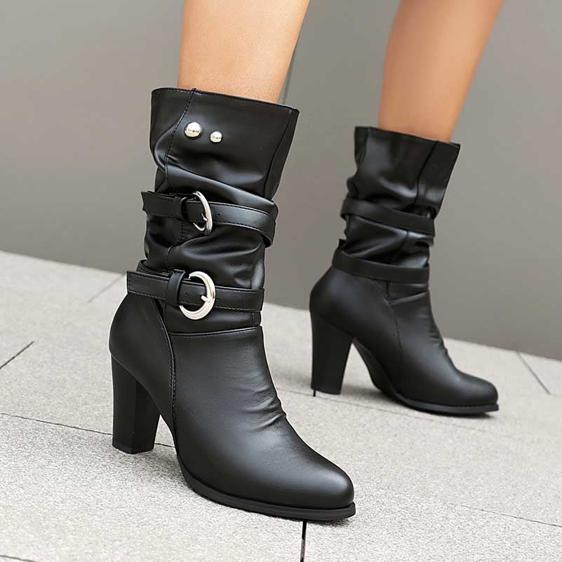 Women's Thick Heeled Mid-calf Boots with Belt buckle