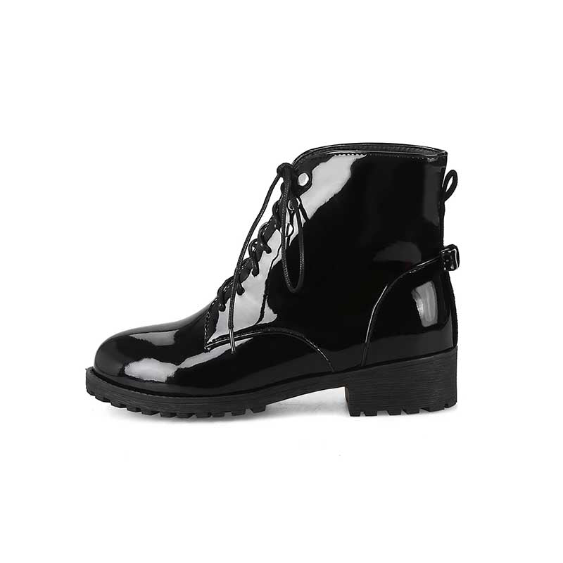 Women's Patent Leather Lace up Round toe Ankle Boots Low Heel Marten Boots