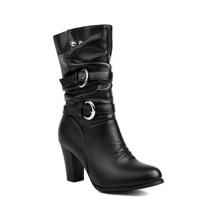 Women's Thick Heeled Mid-calf Boots with Belt buckle