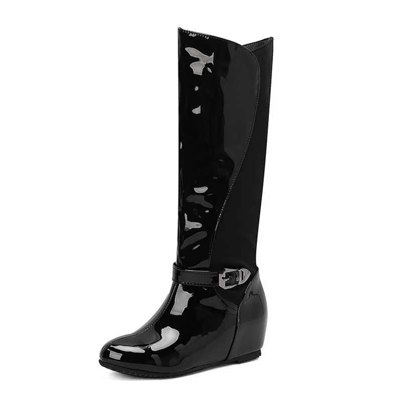 Women's Patent Leather Color Blocked Inner Heel Wedge Boots