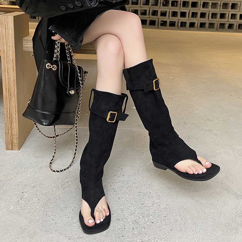 Suede Buckle Toe-Thongs High Heel Boots