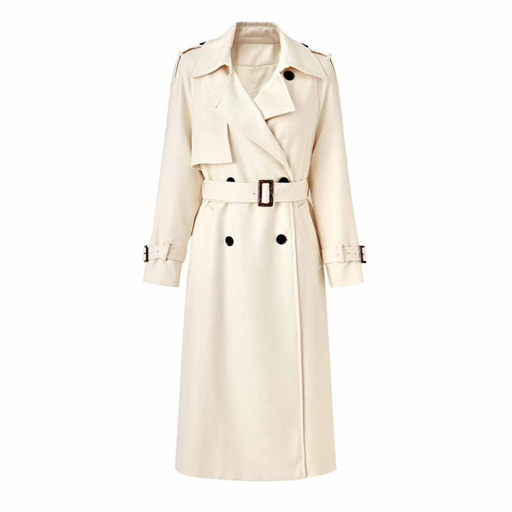Women's Lapel Double Breasted Belted Pockets Plain Long Length Trench Coat