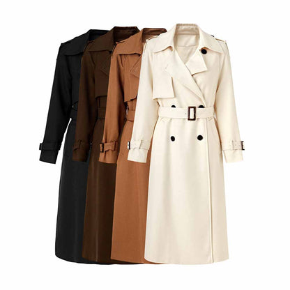 Women's Lapel Double Breasted Belted Pockets Plain Long Length Trench Coat