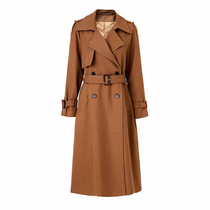 Women's Lapel Double Breasted Belted Pockets Plain Long Length Trench Coat