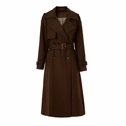 Women's Lapel Double Breasted Belted Pockets Plain Long Length Trench Coat