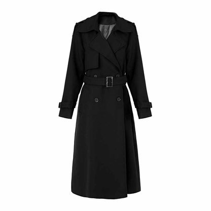 Women's Lapel Double Breasted Belted Pockets Plain Long Length Trench Coat