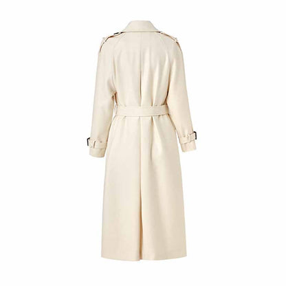 Women's Lapel Double Breasted Belted Pockets Plain Long Length Trench Coat