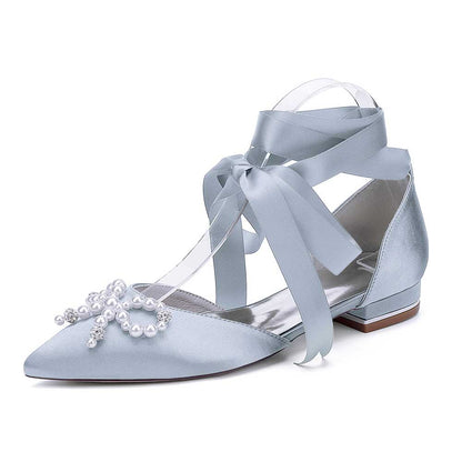 Bridal ankle strap flat shoes in light blue satin with elegant bead design and ribbon ties