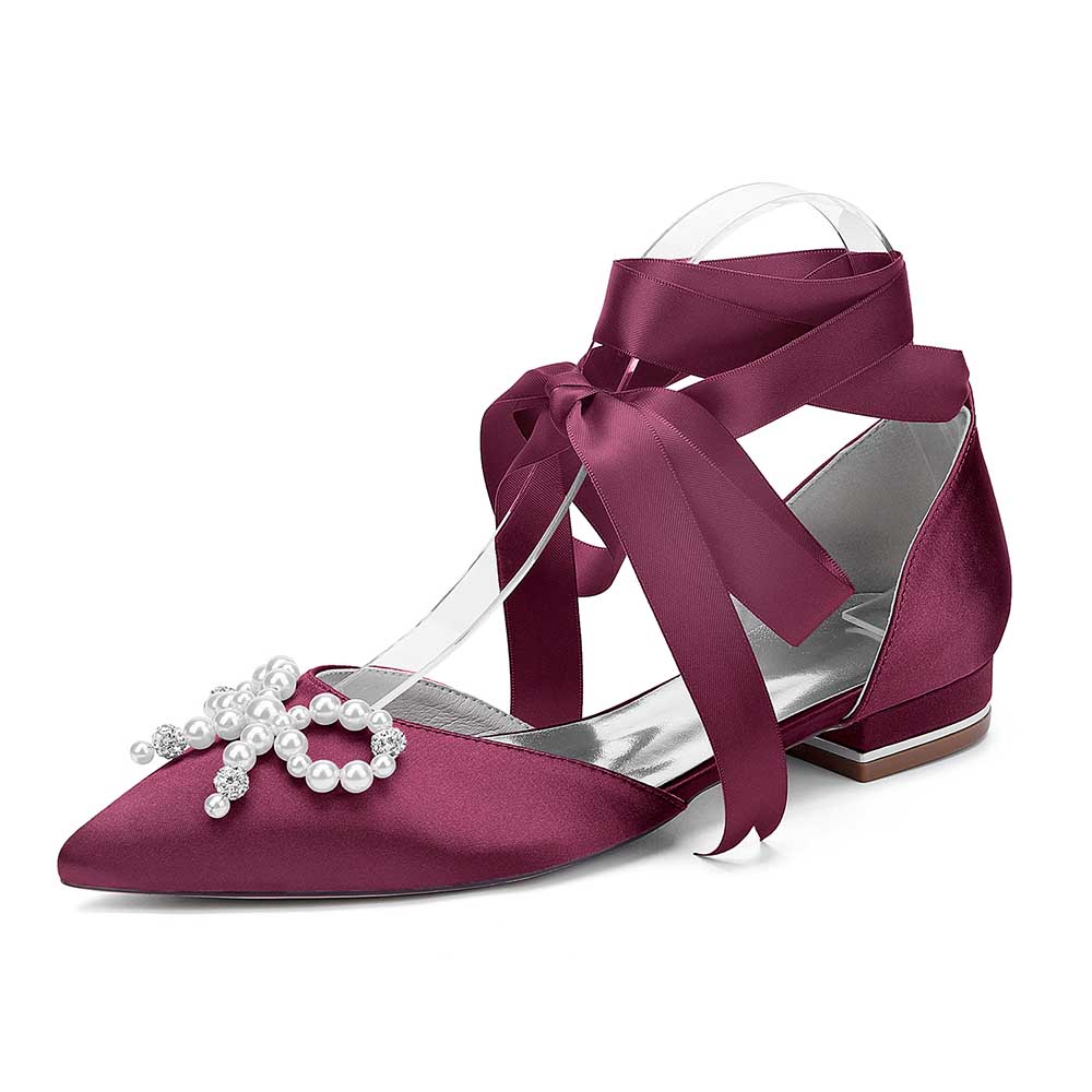 Bridal ankle strap flat shoes in burgundy satin with pearl embellishments and ribbon ties