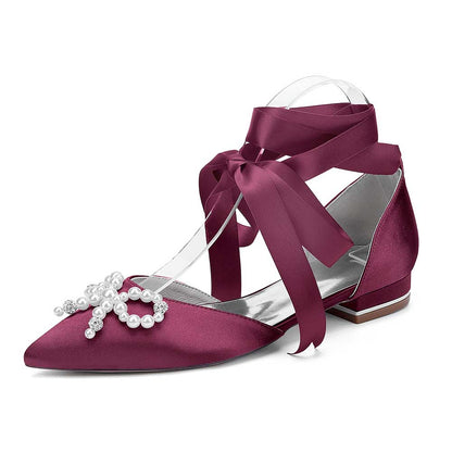 Bridal ankle strap flat shoes in burgundy satin with pearl embellishments and ribbon ties