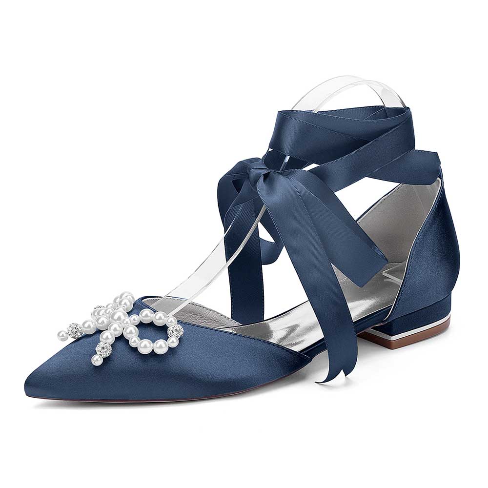 Navy blue bridal ankle strap flat shoes with luxurious satin finish and elegant pearl embellishments
