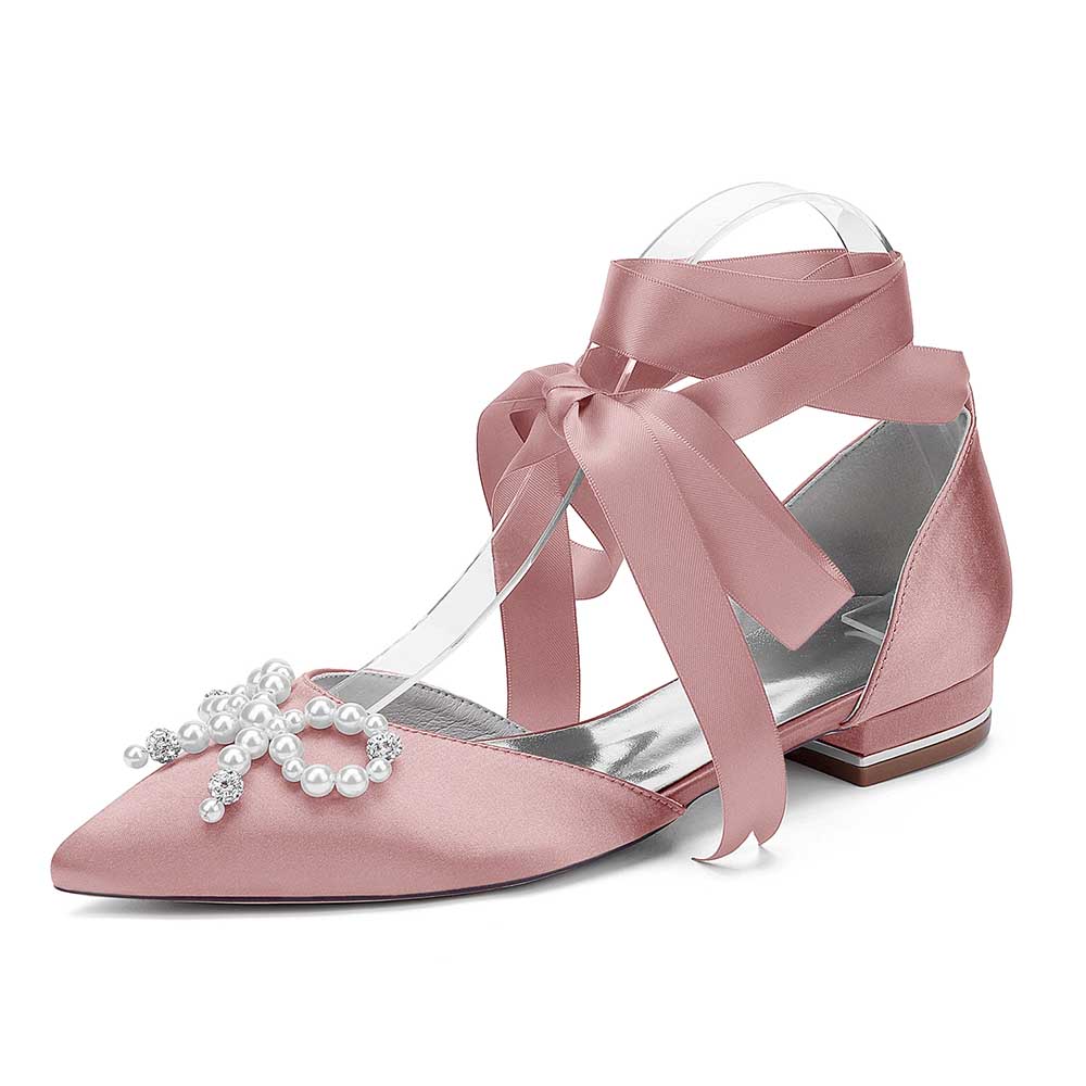 Elegant bridal ankle strap flat shoes in pink satin with ribbon ties and pearl embellishment