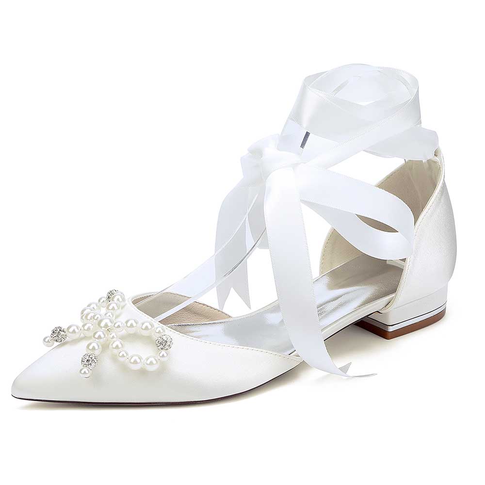 Elegant bridal ankle strap flat shoes with pearl and rhinestone detail for stylish brides
