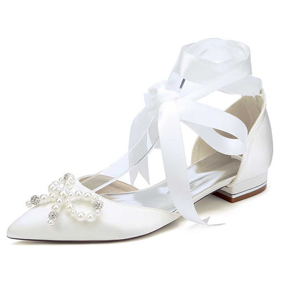Elegant bridal ankle strap flat shoes with pearl and rhinestone detail for stylish brides