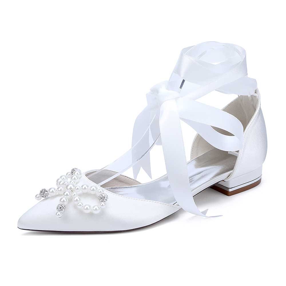 Bridal ankle strap flat shoes with pearl embellishments and elegant satin ribbons