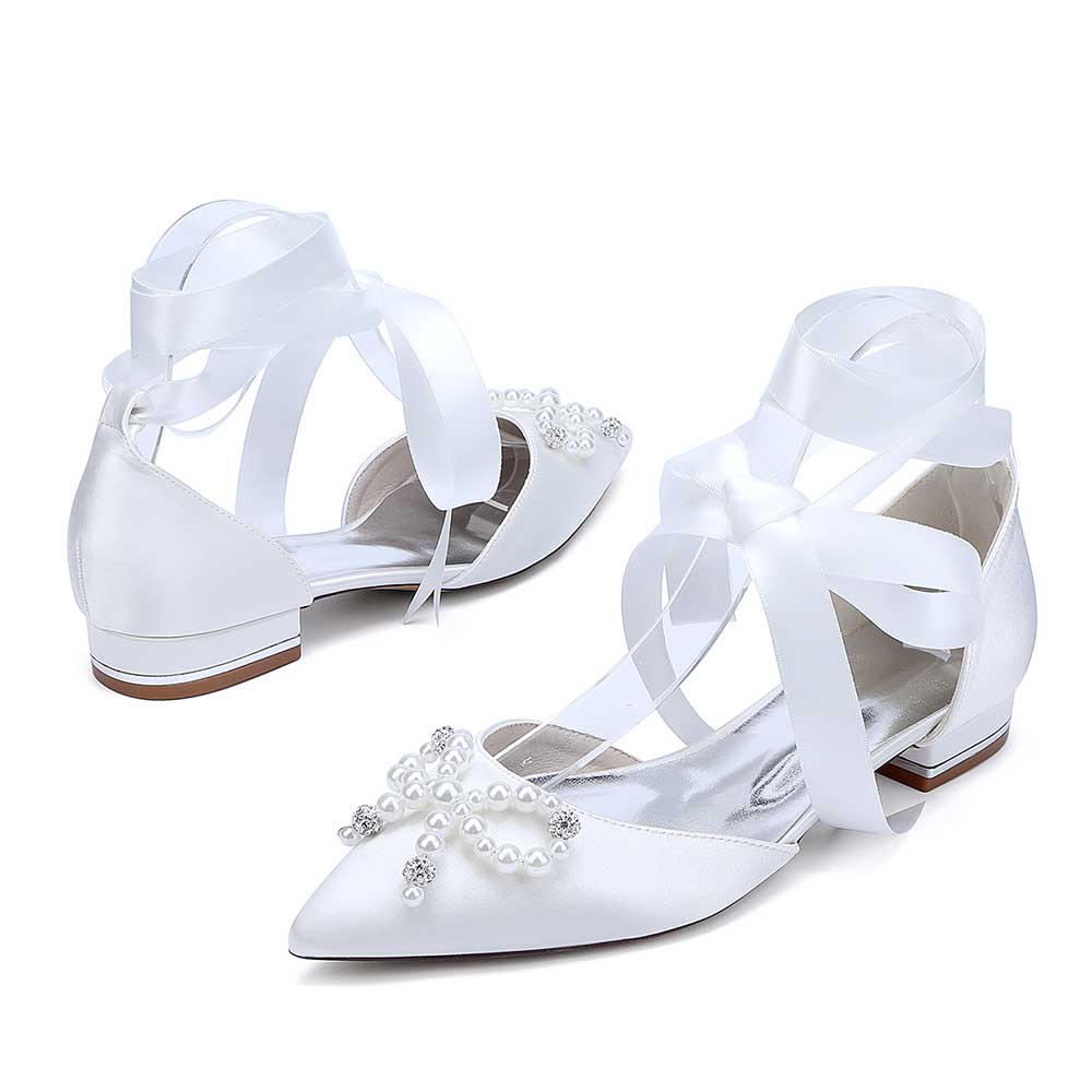 Bridal ankle strap flat shoes embellished with pearls and elegant ribbons for weddings