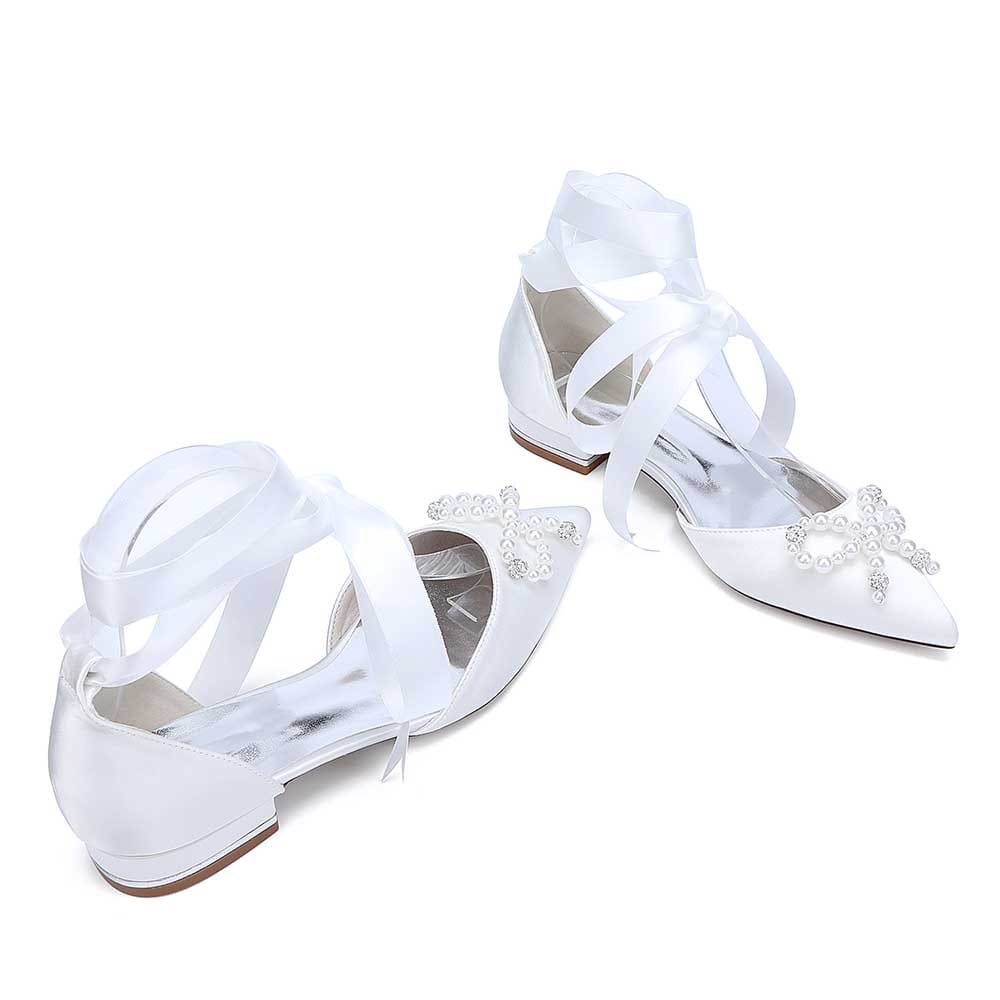 Bridal ankle strap flat shoes in white with elegant ribbon ties and crystal embellishments