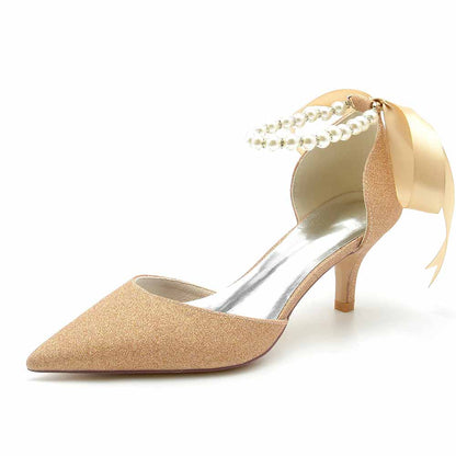 TC bridal ankle strap glitter heels in nude with pearl accents and ribbon for elegant wedding style