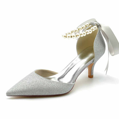 TC bridal ankle strap glitter heels with pearl details for elegant wedding style