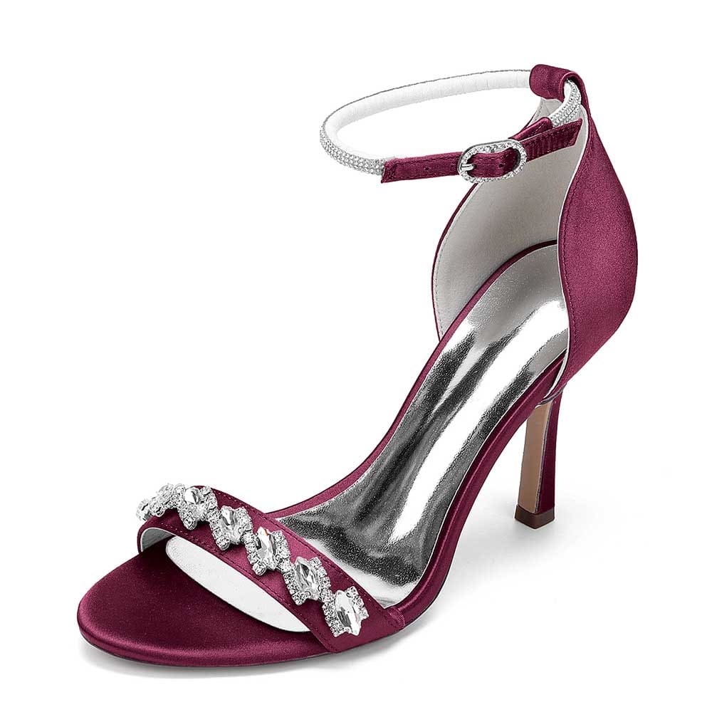 S&DCo. bridal ankle strap heels in burgundy satin with embellished strap for elegant look