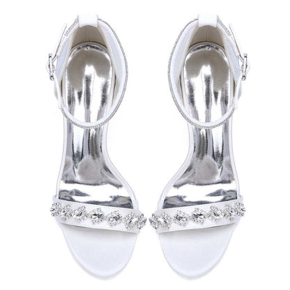 S&DCo. bridal ankle strap heels in white with sparkling embellishments and a sleek design