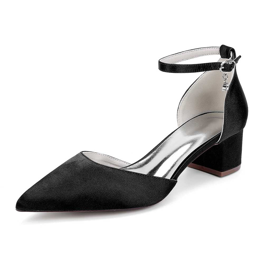 Black bridal ankle strap wedding shoes with a pointed toe and block heel for stylish comfort