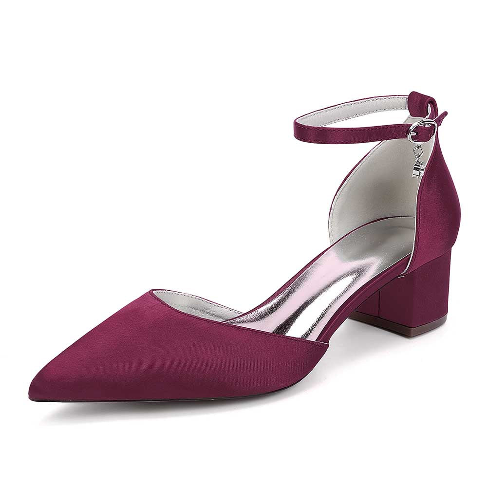 Elegant burgundy bridal ankle strap wedding shoes with a stylish pointed toe and block heel