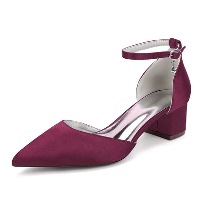 Elegant burgundy bridal ankle strap wedding shoes with a stylish pointed toe and block heel