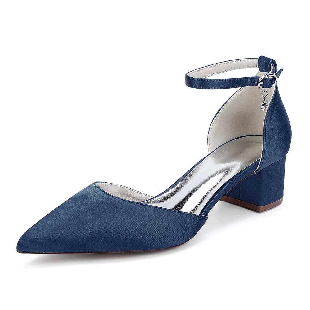 Elegant navy blue bridal ankle strap wedding shoes with a pointed toe and a block heel