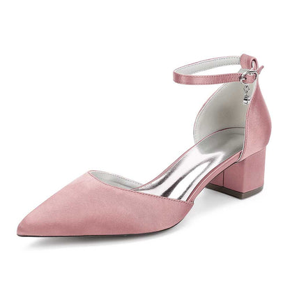 Pink bridal ankle strap wedding shoes with pointed toe and block heel for elegant bridal style