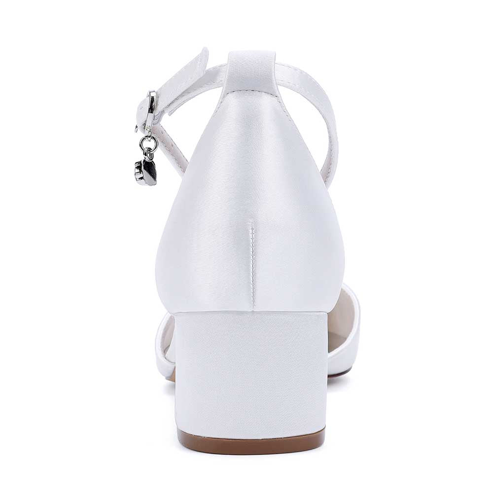 Elegant bridal ankle strap wedding shoes in white with a comfortable block heel