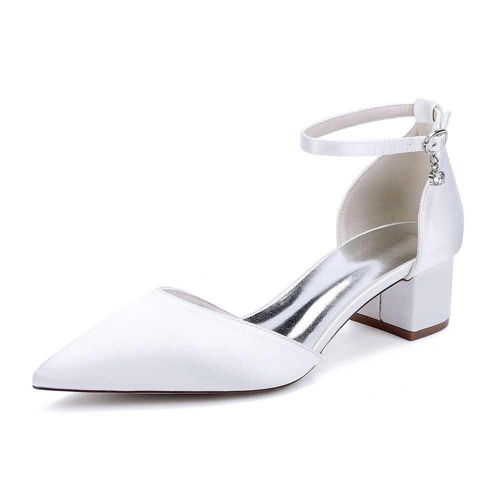 Elegant bridal ankle strap wedding shoes with pointed toe and block heel in white