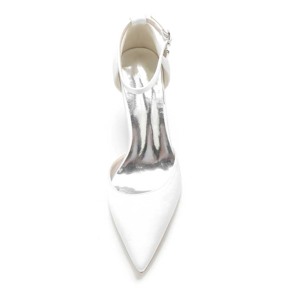 Elegant bridal ankle strap wedding shoes in white with a pointed toe design